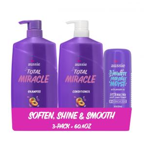 Kit Aussie Total Miracle: Shampoo 777ml, Condicionador 777ml e Tratamento 3 Minutos 236ml com Óleo de Damasco e Macadâmia