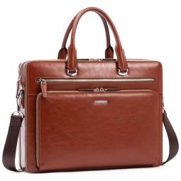 Bolsa Carteiro Masculina de Couro Crazy Horse para Laptop com 17 Polegadas, BOSTANTEN, Marrom Café
