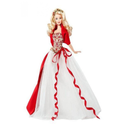 Boneca Barbie Collector 2010 Holiday com vestido branco longo, corpete vermelho e dourado, estola vermelha e acessórios festivos para