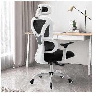 Cadeira de Escritório Ergonômica Giratória com Apoio de Braços, Suporte Lombar Ajustável e Apoio de Cabeça 3D, KERDOM, Branco