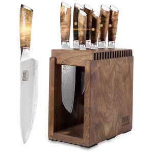 Conjunto de Facas JUNYUJIANGCHEN em Aço Damasco VG10 com Bloco de Bancada, 8 Peças, Marrom