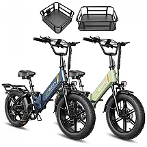 Kit 2 bicicletas elétricas dobráveis Jasion X-Hunter ST azul e verde cestos pneus 20x4 motor 750W pico 1400W bateria 48V 13Ah 70 km 110V