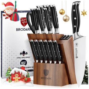 Conjunto de Facas BRODARK em Aço Inoxidável com Bloco de Bancada Multinível, 15 Peças, Preta