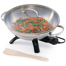 Frigideira Elétrica Wok em Aço Inoxidável 2,8L com Alças Laterais e Tampa de Vidro Temperado, 110V 1500W, Presto 5900, Prata