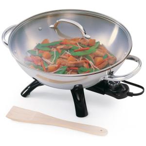 Frigideira Elétrica Wok em Aço Inoxidável 2,8L com Alças Laterais e Tampa de Vidro Temperado, 110V 1500W, Presto 5900, Prata