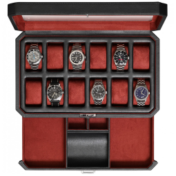Caixa, Estojo de Couro com Gaveta de Manobrista para Relógios com 12 Compartimentos, ROTHWELL, Preto e Vermelho