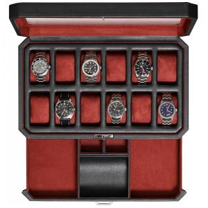 Caixa, Estojo de Couro com Gaveta de Manobrista para Relógios com 12 Compartimentos, ROTHWELL, Preto e Vermelho