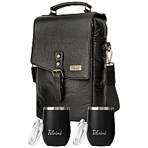 Bolsa Térmica Para Transporte de Vinhos de Couro até 2 Garrafas, com 2 Copos Incluídos, TILVINI TV 01, Preto