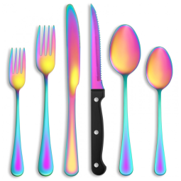 Kit de Talheres Multicoloridos com 24 Peças e Facas de Churrasco para 4 Pessoas, em Aço Inox, Acabamento Brilhante, Utensílios de Cozinha