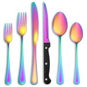 Kit de Talheres Multicoloridos com 24 Peças e Facas de Churrasco para 4 Pessoas, em Aço Inox, Acabamento Brilhante, Utensílios de Cozinha