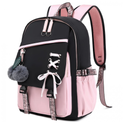 Mochila FENGDONG rosa para adolescentes, estilo kawaii com laço e pompom, para notebook até 15,6"