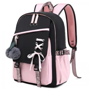 Mochila FENGDONG rosa para adolescentes, estilo kawaii com laço e pompom, para notebook até 15,6"