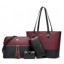 Conjunto de Bolsas Femininas em Couro Sintético 4 Peças com Carteira, Lovematch, Preto e Roxo