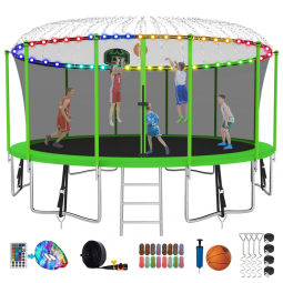 Trampolim redondo SKYUP verde com rede de proteção, cesta de basquete, luz LED, aspersor de água, meias e capacidade até 680kg