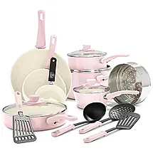 Conjunto de Panelas Antiaderente Revestida de Cerâmica, 16 Peças, GREENLIFE CC002377 001, Rosa
