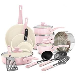 Conjunto de Panelas Antiaderente Revestida de Cerâmica, 16 Peças, GREENLIFE CC002377 001, Rosa