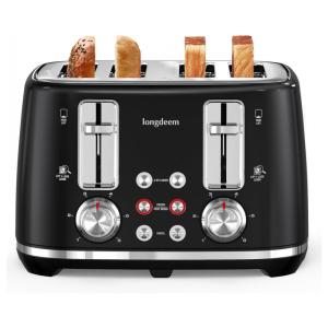 Torradeira Retro de 4 Fatias com 6 Níveis de Tostagem, Aço Inoxidável, 110V 1500W, Longdeem, Preta