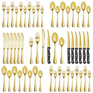 Conjunto de Talheres de Ouro de 24 Peças com Facas de Churrasco, em Aço Inoxidável - Serviço para 4 Pessoas,MUTNITT,
