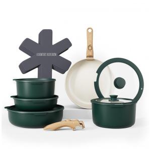 Jogo de Panelas e Frigideiras, Material em Alumínio com 16 Peças e Cabo de Madeira Removível, Country Kitchen, Verde Escuro