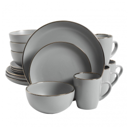 Aparelho de Jantar com 16 Peças em Cerâmica Stoneware Serve 4 Pessoas, Gibson Home Rockaway, Cinza