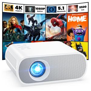 Projetor Full HD 1080P com Bluetooth e Alto-falante Integrado - 9500 Lumens, Portátil para Filmes ao Ar Livre - Compatível com Laptop
