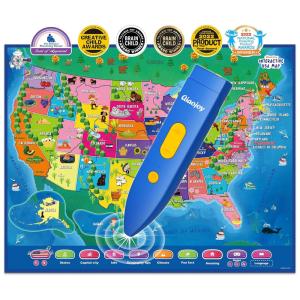 Mapa do Mundo Interativo em INglês e Espanhol para Crianças de 4 a 10 Anos, QIAOJOY, Azul