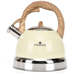 LUXGRACE Chaleira 2L com Apito e Cabo ergonômico, Aço Inoxidável, Creme