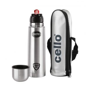 Garrafa Térmica para Água 500mL em Aço Inoxidável de Parede Dupla com Bolsa Térmica e Tampa Articulada, Cello, Prata