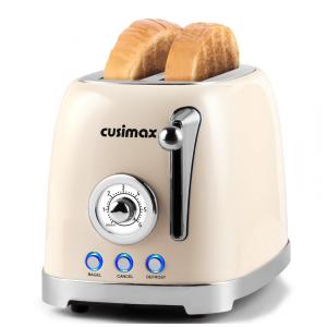 Torradeira Retro 2 Fatias com Fendas Extra Largas, Bandeja de Migalhas Removível e 6 Níveis de Tostagem, 110V 825W, CUSIMAX, Creme