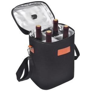 Bolsa Térmica Para Transporte de Vinhos até 4 Garrafas com Alça Ajustável, TIRRINIA, Preto