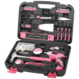 DT0773N1 Kit de Ferramentas com Maleta de Transporte e Parafusadeira, 135 Peças, 110v, APOLLO TOOLS P, Rosa