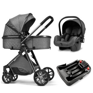 Carrinho de Bebê Travel System, 2 Posições, Dobrado Facilmente com um Clique, BEBECOSY, Cinza e Preto