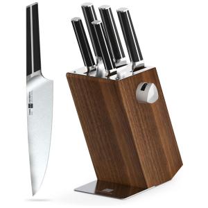 iPUREHOME Conjunto de Facas em Aço Inoxidável com Afiador Embutido e Bloco de Bancada 7 Peças, Preto