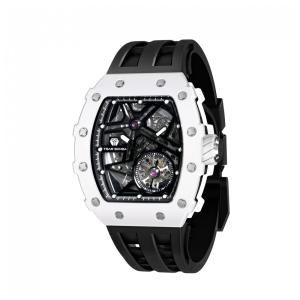 Relógio Masculino Analógico Automático Mecânico a Prova dÁgua 50M com Pulseira de Silicone, TSAR BOMBA TB 8209Ceramic, Preto e Branco