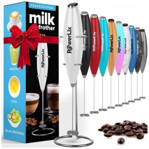 Espumador de Leite Portátil com Suporte de Aço Inoxidável, POWERLIX 111, Branco