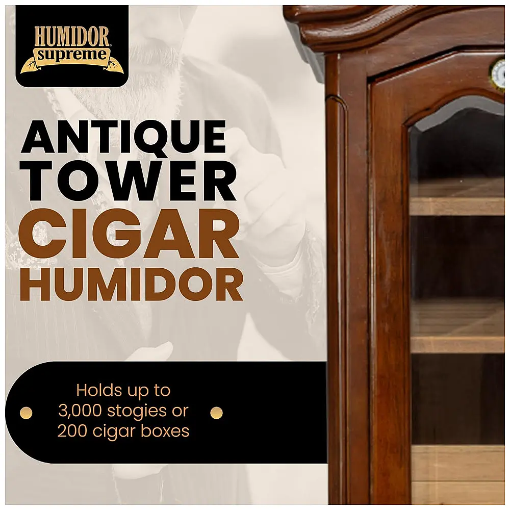 Humidor Armário Quality Importers Humidor Supreme Antique Tower 3000 Charutos Porta de Vidro Cedro Espanhol 183 cm — foto 2