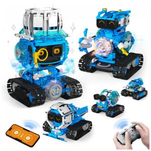 Robô STEM de montagem 5 em 1 Opmind controle remoto e app luz e som interativo 494 peças