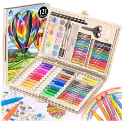 Kit Lápis de Cor Profissional com Maleta de Madeira 108 peças Tintas Acrílicas, Aquarela, VIGORFUN, Marrom