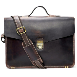 Bolsa Maleta de Couro Unissex para Laptop, LUXEORIA, Marrom