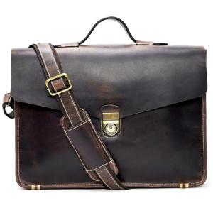 Bolsa Maleta de Couro Unissex para Laptop, LUXEORIA, Marrom