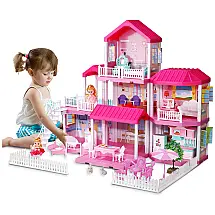 Casa de Bonecas com 7 Quartos e Cômodos Customizáveis para Crianças de 12 Anos ou Mais, TEMI, Rosa