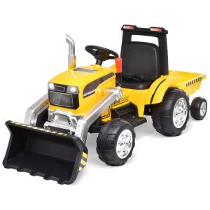 Trator Elétrico Infantil 1 Assento com Carregador Frontal, Balde de Escavação, Reboque, Controle Remoto e Farol, 12V, Joywhale, Amarelo
