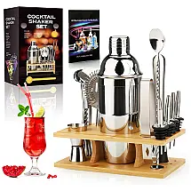 Kit Bartender Profissional 16 Peças em Aço Inoxidável com Suporte de Bambu, Exreizst, Bronze