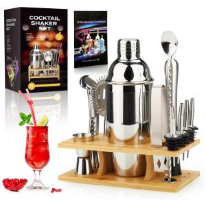 Kit Bartender Profissional 16 Peças em Aço Inoxidável com Suporte de Bambu, Exreizst, Bronze