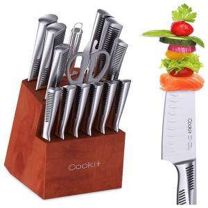 Conjunto de Facas MengK em Aço Inoxidável com Bloco de Bancada Multinível, 15 Peças, Prata