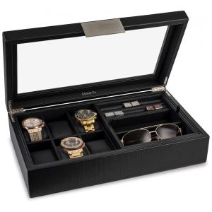 Caixa, Estojo de Fibra de Carbono e Visor de Vidro para Relógios com 6 Compartimentos, Glenor Co, Preto