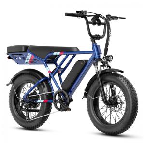 Bicicleta elétrica Jasion RetroVolt azul 20x4 motor 1500W pico 2000W bateria 48V 13Ah 65 km autonomia suspensão dupla 110V