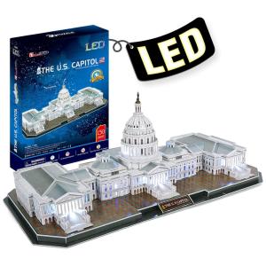 Quebra Cabeças 3D Arquitetura Washington Capital com Led para Crianças e Adultos, 150 Peças, CUBICFUN L193H, Branco