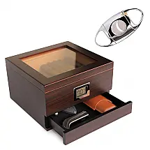 Humidor Case Elegance Renzo Madeira Tampa de Vidro com Sistema Hydro e Cortador Incluso