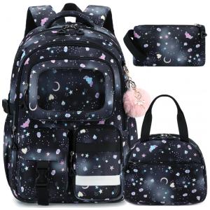 Mochila escolar AO ALI VICTORY preta 3 em 1 com lancheira e estojo para notebook até 16"